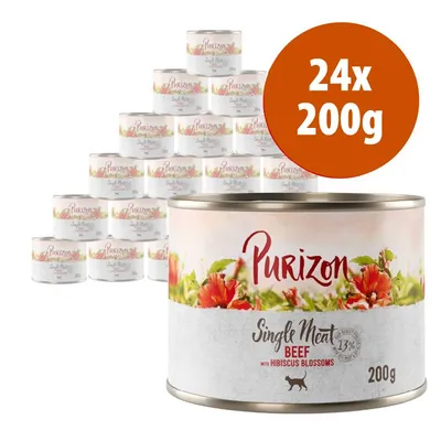 24 lattine da 200 g di Purizon Single Meat Beef with Hibiscus Blossoms, visibile scritta '13% quality protein', immagine di fiori di ibisco sull'etichetta.