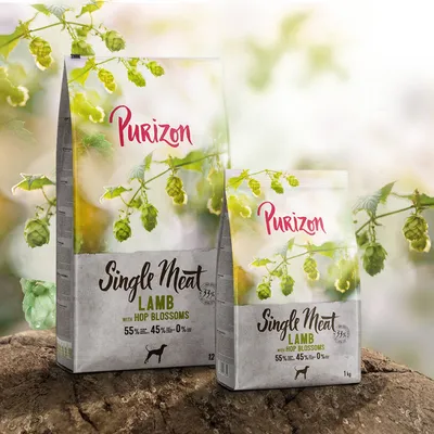 Purizon Single Meat Lamb with Hop Blossoms. 55% meat, 45% vegetables, 0% grain. Packaging in 12kg and 1kg sizes visible.