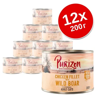 Purizon Chicken Fillet with Wild Boar для взрослых кошек, 12 банок по 200 г. На упаковке указано: 45% chicken fillet.