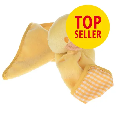 Gult plysdyr formet som and med ternet stof på vingen. Stor gul cirkel med rød tekst: TOP SELLER.