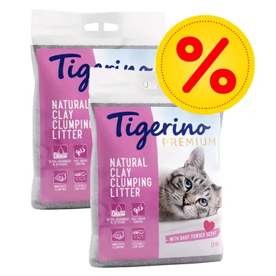 Tigerino Premium Natural Clay Clumping Litter, 12 kg, met baby powder geur. Ultra absorberend, snelle geurbestrijding, direct klonterend, zeer weinig stof. Aanbiedingssymbool zichtbaar.