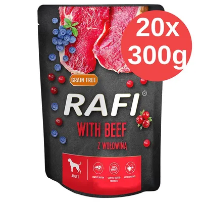 Opakowanie RAFI WITH BEEF z wołowiną, 20x300g, GRAIN FREE, dla dorosłych psów. Widoczne mięso, borówki, żurawina oraz ikony: pełnowartościowe białko, wyselekcjonowane składniki, bez konserwantów.