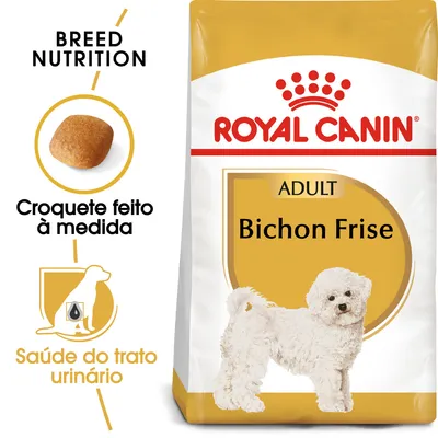 Embalagem de ração Royal Canin Adult Bichon Frise com imagem de cão, texto: 'Croquete feito à medida' e 'Saúde do trato urinário'.