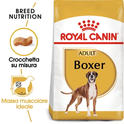 Confezione Royal Canin Adult Boxer, crocchetta su misura, massa muscolare ideale. Testo visibile: BREED NUTRITION, Crocchetta su misura, Massa muscolare ideale.