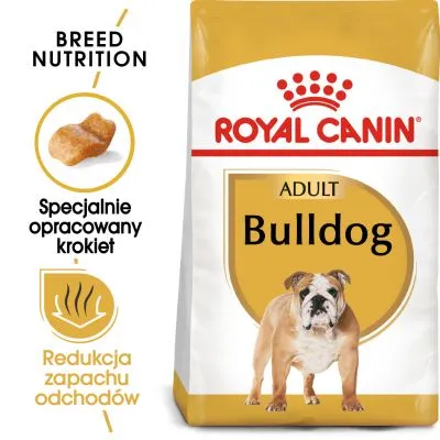 Royal Canin Adult Bulldog, specjalnie opracowany krokiet, redukcja zapachu odchodów. Opakowanie karmy z wizerunkiem buldoga.