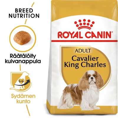 Royal Canin Adult Cavalier King Charles -koiranruokapakkaus, tekstit: Räätälöity kuivanappula, Sydämen kunto, kuva nappulasta ja koirasta. Breed Nutrition.