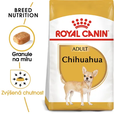 ROYAL CANIN ADULT Chihuahua, Granule na míru, Zvýšená chutnost, obrázek granule a psa chihuahua na obalu ROYAL CANIN ADULT Chihuahua, Granule na míru, Zvýšená chutnost, obrázek granule a psa chihuahua na obalu