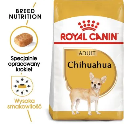 Karma Royal Canin Adult Chihuahua, widoczny worek z psem rasy chihuahua, tekst: Specjalnie opracowany krokiet, Wysoka smakowitość, Breed Nutrition.