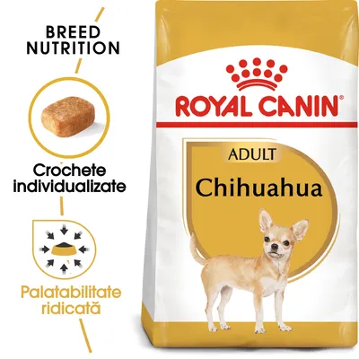 Hrană uscată Royal Canin Adult Chihuahua, text vizibil: Crochete individualizate, Palatabilitate ridicată, imagine cu o croșetă și un câine Chihuahua pe ambalaj.