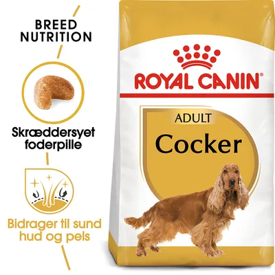 ROYAL CANIN ADULT Cocker hundefoder, tekst: Breed Nutrition, Skræddersyet foderpille, Bidrager til sund hud og pels. Billede af foderpille og cocker spaniel.