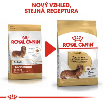 Porovnání starého a nového obalu krmiva Royal Canin Adult Dachshund s textem: Nový vzhled, stejná receptura.
