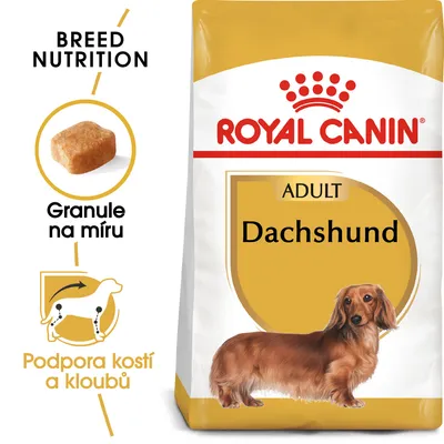 Balení krmiva ROYAL CANIN ADULT Dachshund, obrázek granule na míru, text: Granule na míru, Podpora kostí a kloubů, Breed Nutrition.