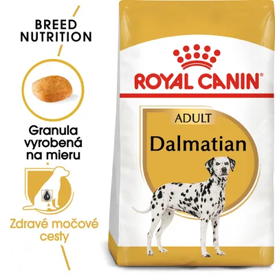 Balenie krmiva Royal Canin Adult Dalmatian, text: Granula vyrobená na mieru, Zdravé močové cesty, obrázok granuly a dalmatínskeho psa. BREED NUTRITION.