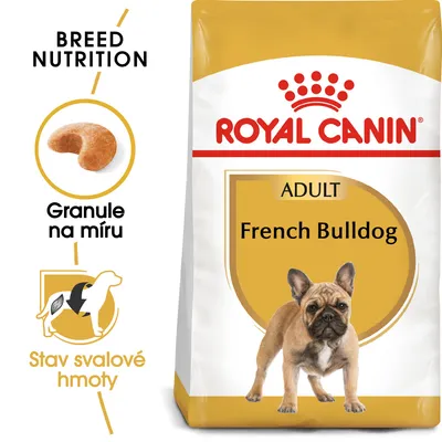 Balení krmiva ROYAL CANIN ADULT French Bulldog, obrázek granule na míru, text: Granule na míru, Stav svalové hmoty, BREED NUTRITION.