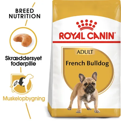 Royal Canin ADULT French Bulldog tørfoder, tekst: Breed Nutrition, Skræddersyet foderpille, Muskelopbygning. Billede af foderpille og fransk bulldog foran posen.
