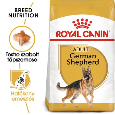 Royal Canin ADULT German Shepherd kutyatáp csomagolás, testre szabott tápszemcse, hatékony emésztés feliratokkal, német juhászkutya képpel.