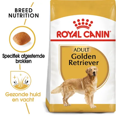 Royal Canin Adult Golden Retriever hondenvoer, tekst: Specifiek afgestemde brokken, Gezonde huid en vacht. Afbeelding van een brok en een Golden Retriever op de verpakking.