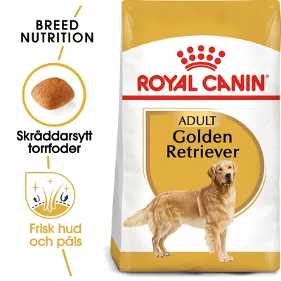 Royal Canin Adult Golden Retriever torrfoder, text: Skräddarsytt torrfoder, Frisk hud och päls, bild på foderbit och hund. Breed Nutrition synligt.