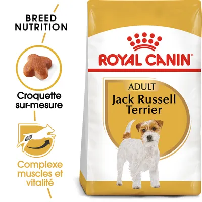Sachet Royal Canin Adult Jack Russell Terrier, croquette sur-mesure, complexe muscles et vitalité, illustration d’un chien Jack Russell Terrier sur l’emballage.