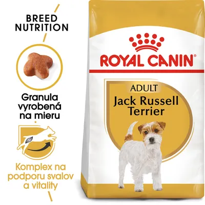 ROYAL CANIN ADULT Jack Russell Terrier, granula vyrobená na mieru, komplex na podporu svalov a vitality. Balenie s obrázkom psa Jack Russell Terrier.