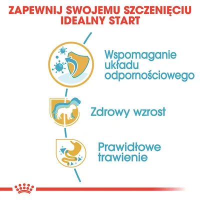 Zapewnij swojemu szczenięciu idealny start: wspomaganie układu odpornościowego, zdrowy wzrost, prawidłowe trawienie.