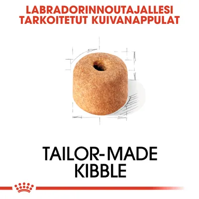 LABRADORINNOUTAJALLESI TARKOITETUT KUIVANAPPULAT, kuva nappulasta. Teksti: TAILOR-MADE KIBBLE.