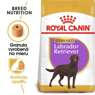 Royal Canin Sterilised Labrador Retriever, granula vyrobená na mieru, kontrola apetítu. Balenie s obrázkom labradora a detailom tvaru granuly.
