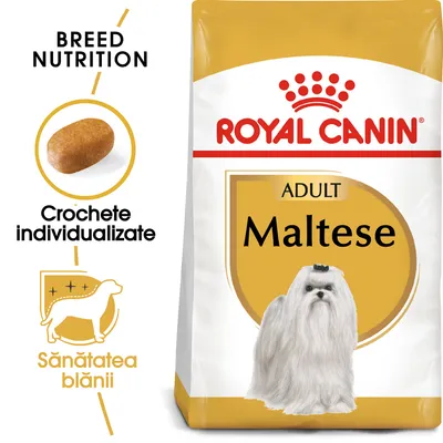 Pachet Royal Canin Adult Maltese, text vizibil: 'Crochete individualizate', 'Sănătatea blănii', imagine croșetă și câine maltez. Text în engleză: 'Breed Nutrition'.