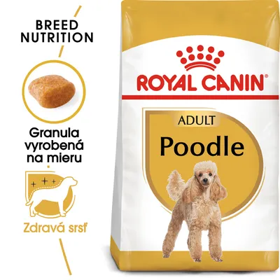 ROYAL CANIN ADULT Poodle, granula vyrobená na mieru, zdravá srsť, balenie krmiva pre pudla s obrázkom psa a granulky. Text v angličtine a slovenčine.