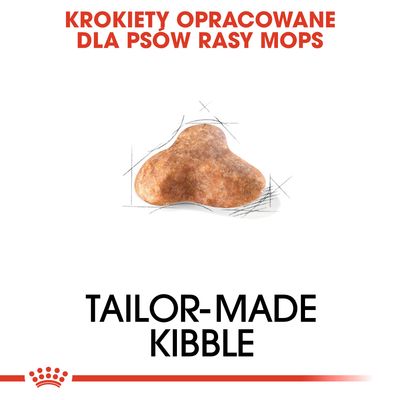 Krokiety opracowane dla psów rasy mops, widoczny pojedynczy krokiet. Tekst: TAILOR-MADE KIBBLE.