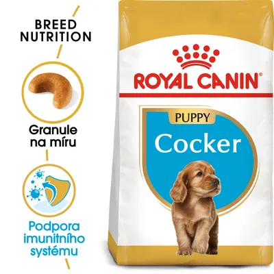 ROYAL CANIN PUPPY Cocker, Granule na míru, Podpora imunitního systému, balení s obrázkem štěněte a modrým štítem ROYAL CANIN PUPPY Cocker, Granule na míru, Podpora imunitního systému, balení s obrázkem štěněte a modrým štítem