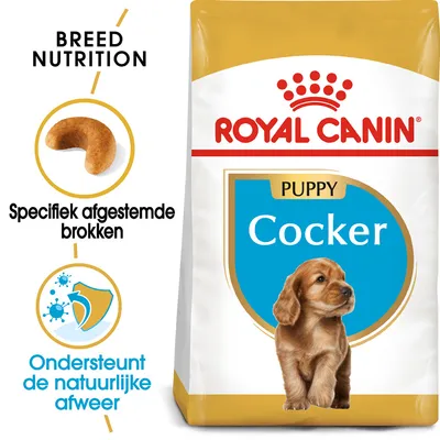 Zak Royal Canin Puppy Cocker hondenvoer, tekst: Specifiek afgestemde brokken, Ondersteunt de natuurlijke afweer, afbeelding van brok en puppy, merknaam duidelijk zichtbaar.