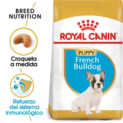 ROYAL CANIN Puppy French Bulldog. Croqueta a medida. Refuerzo del sistema inmunológico. Imagen de cachorro de bulldog francés en el envase.