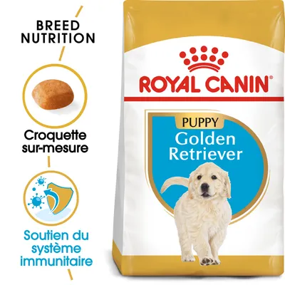 Sachet Royal Canin Puppy Golden Retriever, texte visible : Breed Nutrition, Croquette sur-mesure, Soutien du système immunitaire, image de croquette et d’un chiot Golden Retriever.