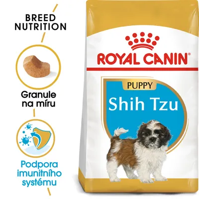 Balení Royal Canin Puppy Shih Tzu, obrázek štěněte, text: Granule na míru, Podpora imunitního systému, Breed Nutrition. Balení Royal Canin Puppy Shih Tzu, obrázek štěněte, text: Granule na míru, Podpora imunitního systému, Breed Nutrition.