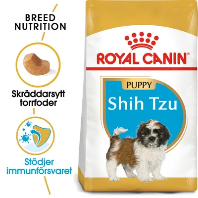 Royal Canin Puppy Shih Tzu torrfoder, text: Skräddarsytt torrfoder, Stödjer immunförsvaret, bild på en valp och foderbit. Texten 'Breed Nutrition' syns.