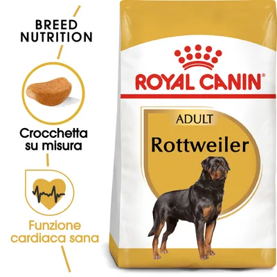 Royal Canin Adult Rottweiler, crocchetta su misura, funzione cardiaca sana. Immagine di confezione con cane Rottweiler e testo visibile in inglese e italiano.