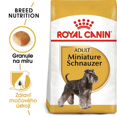 ROYAL CANIN ADULT Miniature Schnauzer, Granule na míru, Zdraví močového ústrojí, obrázek granule a psa plemene knírač malý na obalu.