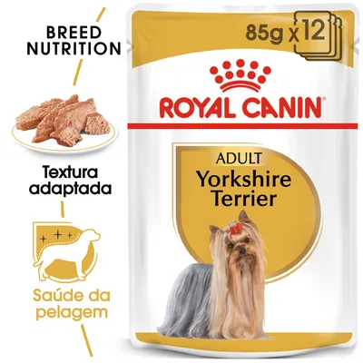 Royal Canin Adult Yorkshire Terrier 85 g x12. Textos visíveis: Breed Nutrition, Textura adaptada, Saúde da pelagem. Imagem de comida húmida e cão Yorkshire Terrier.