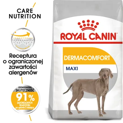 ROYAL CANIN DERMACOMFORT MAXI, receptura o ograniczonej zawartości alergenów, 91% zadowolonych właścicieli po 2 miesiącach, opakowanie z psem rasy wyżłowatej