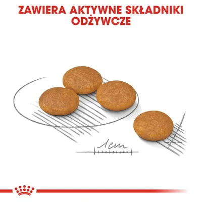 Cztery okrągłe granulki karmy, każda o średnicy około 1 cm. Widoczny napis: ZAWIERA AKTYWNE SKŁADNIKI ODŻYWCZE.
