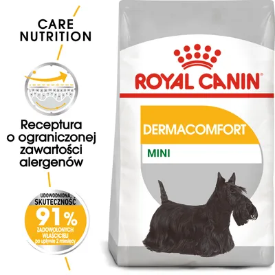 Royal Canin Dermacomfort Mini. Receptura o ograniczonej zawartości alergenów. Udowodniona skuteczność: 91% zadowolonych właścicieli po 2 miesiącach.