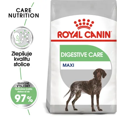 Royal Canin Digestive Care Maxi, zlepšuje kvalitu stolice, osvedčené výsledky: optimálna kvalita stolice až do 97 %, balenie s obrázkom psa.