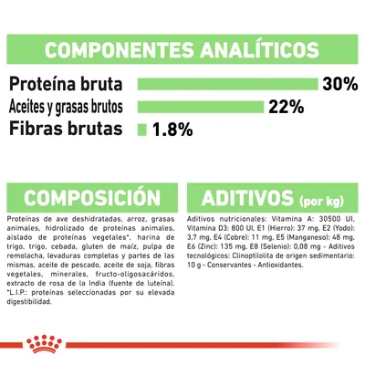 Componentes analíticos: proteína bruta 30 %, aceites y grasas brutos 22 %, fibras brutas 1,8 %. Composición y aditivos detallados por kg, incluyendo vitaminas, minerales y conservantes.