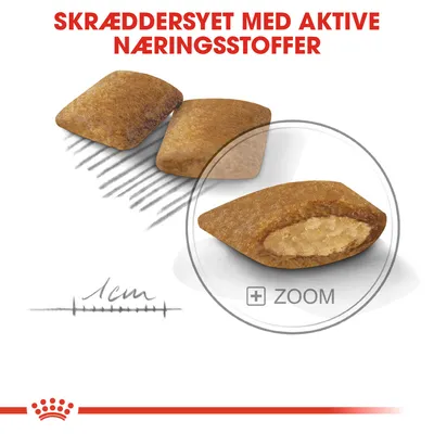 Tørfoderpiller med synlig fyld, tekst: SKRÆDDERSYET MED AKTIVE NÆRINGSSTOFFER. Størrelsesangivelse: 1 cm. Zoom-visning af en pille.
