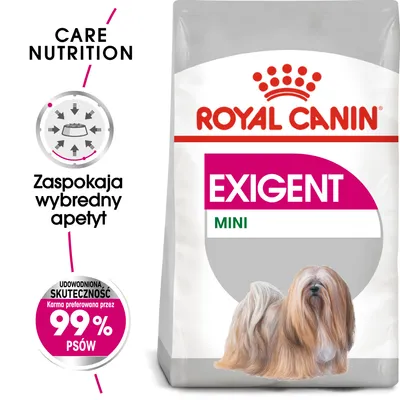 ROYAL CANIN EXIGENT MINI, zaspokaja wybredny apetyt, udowodniona skuteczność – karma preferowana przez 99% psów. Opakowanie z ilustracją psa długowłosego.