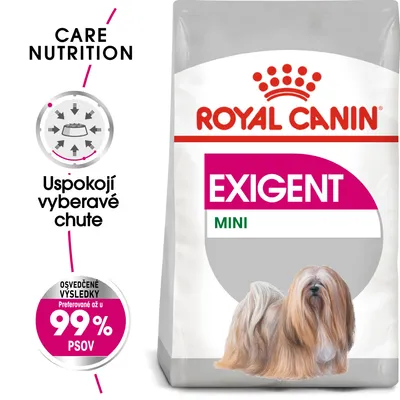 Royal Canin Exigent Mini krmivo pre psov, nápisy: Uspokojí vyberavé chute, Osvedčené výsledky, Preferované až u 99 % psov. Obrázok malého dlhosrstého psa na obale.