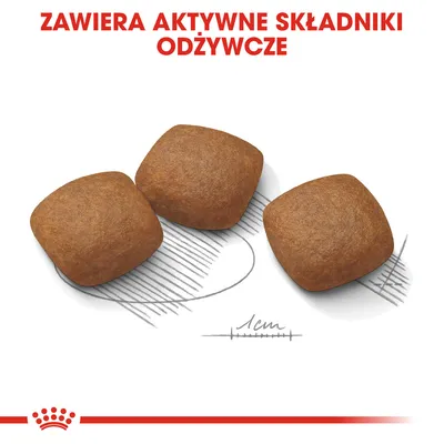 Trzy kawałki karmy, pod nimi miarka z oznaczeniem 1 cm. Widoczny napis: ZAWIERA AKTYWNE SKŁADNIKI ODŻYWCZE.