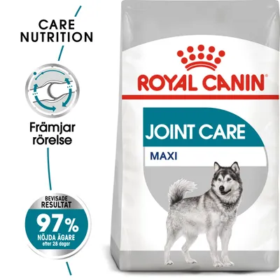 Royal Canin Joint Care Maxi hundfoder. Text: Främjar rörelse, bevisade resultat 97 % nöjda ägare efter 28 dagar. Bild på hund och förpackning.