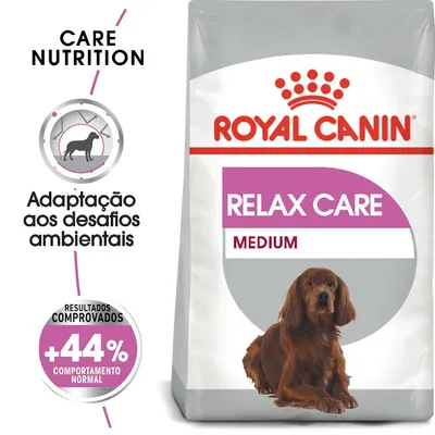 Saco de ração Royal Canin Relax Care Medium. Texto visível: 'Adaptação aos desafios ambientais', 'Resultados comprovados +44% comportamento normal'. Imagem de cão de porte médio.